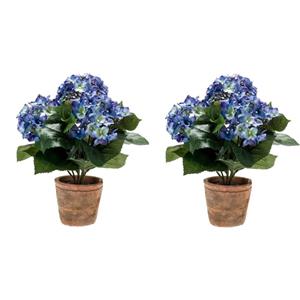Bellatio flowers & plants 2x Kunstplant Hortensia blauw oude ronde terracotta pot cm -