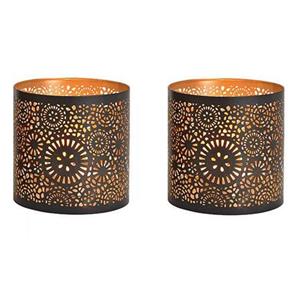 Merkloos 3x Theelichthouders/waxinelichthouders windlichten zwart/goud rondjes/cirkels patroon 13 cm -