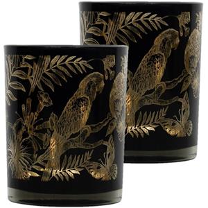 Mars & More Set van 3x stuks theelichthouder/waxinelichthouder glas zwart 12 cm papegaai print -