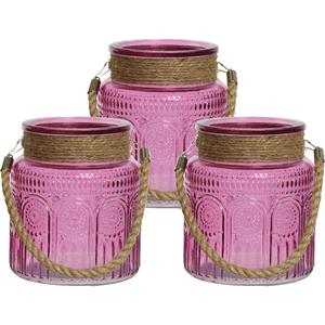 Lumineo 3x stuks windlichten/lantaarns relief - glas - D14 x H16 cm - fuchsia roze -