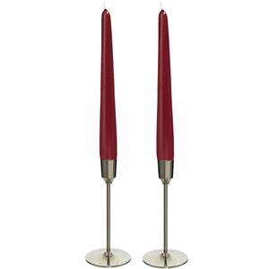 Decoris Kandelaars 2x aluminium zilver 20 cm met 12x donker rode dinerkaarsen -