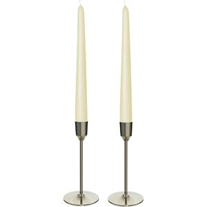 Decoris Kandelaars 2x aluminium zilver 20 cm met 12x ivoor witte dinerkaarsen -