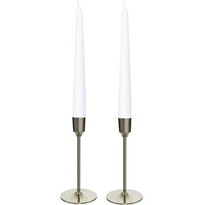 Decoris Kandelaars 2x aluminium zilver 20 cm met 12x witte dinerkaarsen -