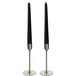 Decoris Kandelaars 2x aluminium zilver 20 cm met 12x zwarte dinerkaarsen -