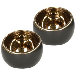 Countryfield Luxe theelichthouder/kaarsenhouder - 2x - zwart/goud - keramiek - D15 x H13.5 cm -