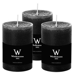 Wiedemann Cilinderkaars/stompkaars - 3x - rustieke kaars - zwart - 7 x 10 cm - 43 branduren -
