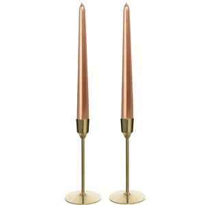 Decoris Kandelaars 2x aluminium goud 15 cm met 12x rose gouden dinerkaarsen -