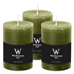 Wiedemann Cilinderkaars/stompkaars - 3x - rustieke kaars - olijfgroen - 7 x 10 cm - 43 branduren -