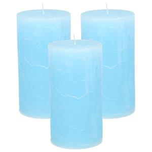 Merkloos Stompkaars/cilinderkaars - 3x - licht blauw - 7 x 13 cm - rustiek model -