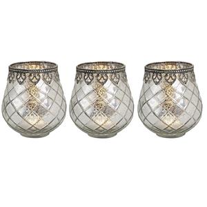 Merkloos Waxinelichthouder/theelichthouder gerookt glas met metalen rand - 3x - zilver - 14 x 13 cm -