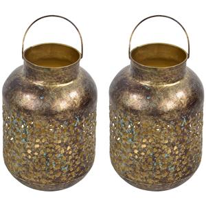 Lesli Living 2x stuks metalen lantaarns/windlichten goud grof 15 x 23 cm -