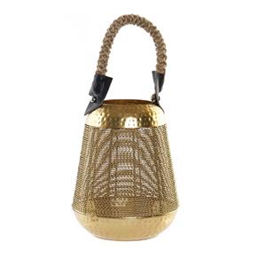 Items Kaarshouder/windlicht goud metaal 28 cm met touw -