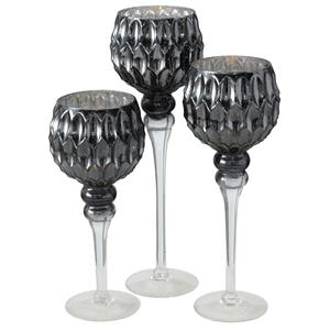 Deco by Boltze Luxe glazen design kaarsenhouders/windlichten set van 3x stuks antraciet/zilver transparant 30-40 cm -
