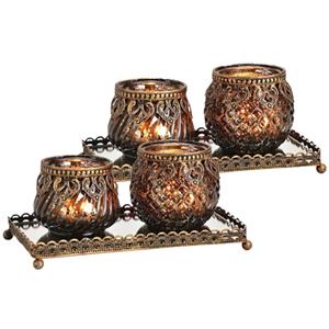 Merkloos Set van 2x stuks glazen design windlicht/kaarsenhouder 2x stuks set in het zwart goud 20 x 9 x 10 cm -