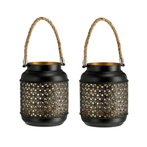 Cepewa Set van 2x stuks metalen kaarsenhouders / lantaarns zwart / goud 18 cm -
