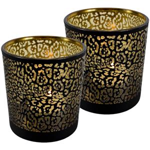 Mars & More Set van 3x stuks theelichthouder/waxinelichthouder glas mat zwart 18 cm jaguar print -