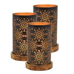Merkloos Set van 3x stuks metalen design windlicht/kaarsenhouder zwart/goud 13 x 22 cm -