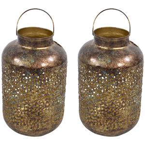 Lesli Living Lantaarn/windlicht - 2x - Oosterse stijl - goud - metaal - antieke uitstraling - 20 x 32 cm -