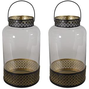 Merkloos 2x stuks lantaarns/windlichten zwart/goud Arabische stijl 20 x cm metaal en glas -