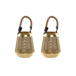 Merkloos 2x stuks kaarshouder/windlicht goud metaal 28 cm met touw -