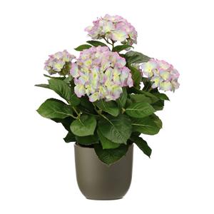Mica Decorations Hortensia kunstplant/kunstbloemen 45 cm - paars/groen - in pot olijfgroen mat -