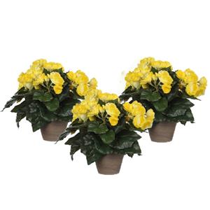 Mica Decorations Mica Decoration Kunstplant - 3x - begonia - geel - in pot - 30 cm - nepplanten -