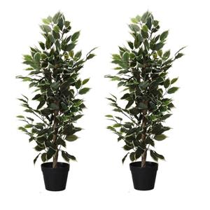 Merkloos 2x Kunstplanten Ficus groen/wit 95 cm -