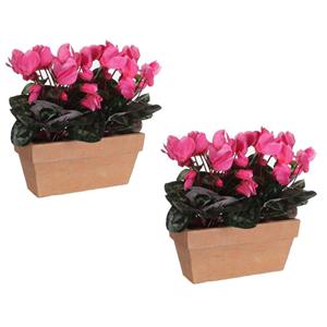 Mica Decorations 2x stuks cyclaam balkon kunstplanten roze in keramieken pot L29 x B13 x H33 cm -