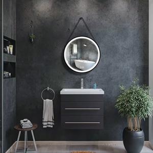 Sanexo Badkamerspiegel Starlight Rond Touch Zwart Met Leren Band 60x60cm Met Led Verlichting En Spiegelverwarming