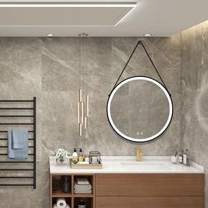 Sanexo Badkamerspiegel Starlight Rond Touch Zwart Met Leren Band 100x100cm Met Led Verlichting En Spiegelverwarming