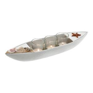 Cepewa Theelichthouder houten bootje - wit - cm - MDF en glas - woondecoratie -