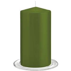 Trend Candles  Stompkaarsen met glazen onderzetters set van 2x stuks - olijfgroen 8 x 15 cm -