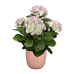 Mica Decorations Hortensia kunstplant/kunstbloemen 45 cm - paars/groen - in pot roze glans -