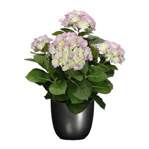 Mica Decorations Hortensia kunstplant/kunstbloemen 45 cm - paars/groen - in pot titanium grijs glans -