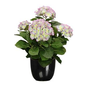 Mica Decorations Hortensia kunstplant/kunstbloemen 45 cm - paars/groen - in pot zwart glans -
