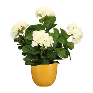 Mica Decorations Hortensia kunstplant/kunstbloemen 45 cm - wit - in pot okergeel glans -