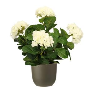 Mica Decorations Hortensia kunstplant/kunstbloemen 45 cm - wit - in pot olijfgroen mat -
