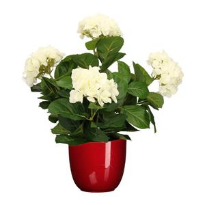Mica Decorations Hortensia kunstplant/kunstbloemen 45 cm - wit - in pot rood glans -