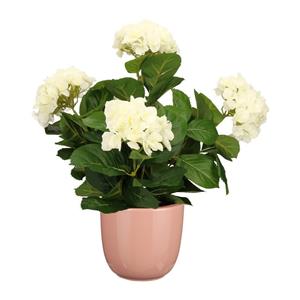 Mica Decorations Hortensia kunstplant/kunstbloemen 45 cm - wit - in pot roze glans -