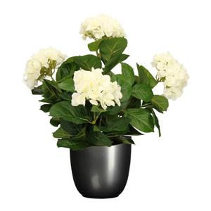 Mica Decorations Hortensia kunstplant/kunstbloemen 45 cm - wit - in pot titanium grijs glans -