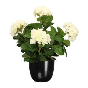 Mica Decorations Hortensia kunstplant/kunstbloemen 45 cm - wit - in pot zwart glans -