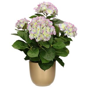 Mica Decorations Hortensia kunstplant/kunstbloemen 45 cm - paars/groen - in pot goud glans -