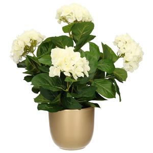 Mica Decorations Hortensia kunstplant/kunstbloemen 45 cm - wit - in pot goud glans -