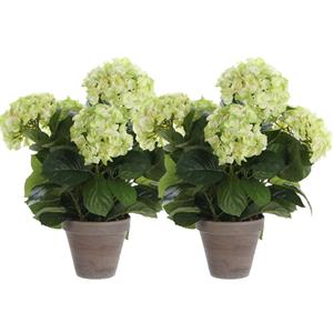 Shoppartners 2x Lichtgroene Hortensia kunstplant 45 cm in grijze pot -