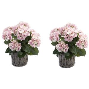 Bellatio flowers & plants 2x Kunstplanten Hortensia roze in mand 45 cm -