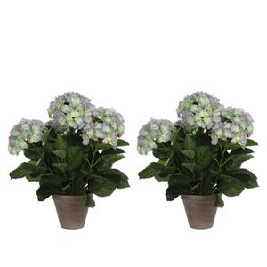 Mica Decorations 2x Groene/paarse Hortensia kunstplanten 45 cm in pot -