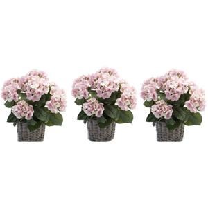 Bellatio flowers & plants 3x Kunstplanten Hortensia roze in mand 45 cm -