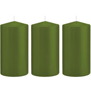 Trend Candles Cilinderkaars/stompkaars - 3x - olijfgroen - 8 x 15 cm - 69 branduren -