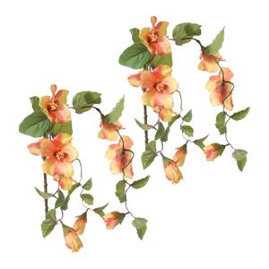 Louis Maes kunstbloemen - 2x - Hibiscus - oranje - hangende tak van 165 cm - Hawaii/zomer thema -