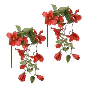 Louis Maes kunstbloemen - 2x - Hibiscus - rood - hangende tak van 165 cm - Hawaii/zomer thema -